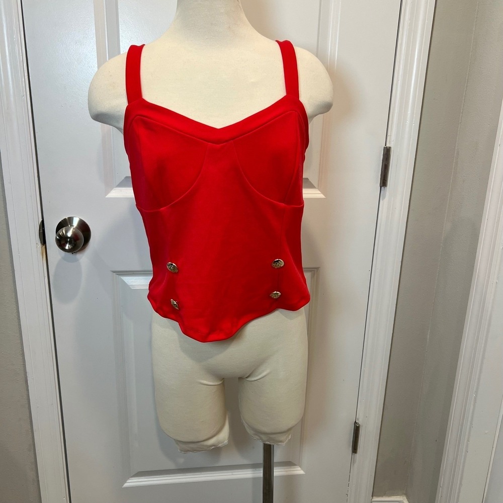 New York & Company Womens Corset Top Gold Crest Buttons Red Large